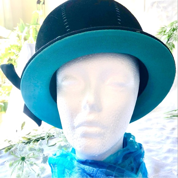 Gorgeous VINTAGE Womens Cloche Gatsby Hat Turquoise and Black - Size XS - Picture 6 of 15